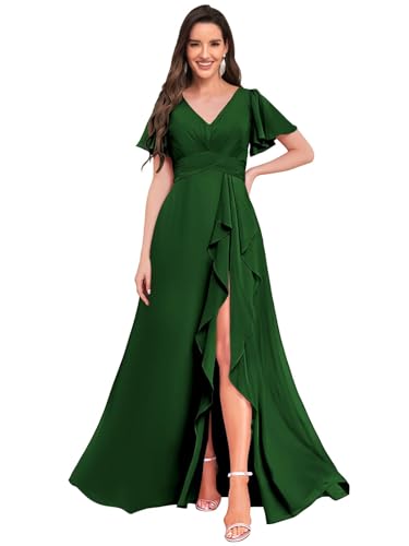 TANPAUL Abendkeid Damen Lang Chiffon - Hochzeitsgast Kleid Elegant Vokuhila Kleid mit Schlitz Dunkelgrün A 58 von TANPAUL