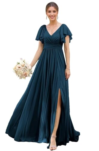 TANPAUL Abendkleid Damen Lang Chiffon - Brautjungfernkleider A-Linie Abschlusskleider Übergröße Türkisblau 50 von TANPAUL