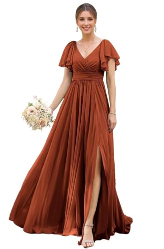 TANPAUL Abendkleid Damen Lang Chiffon - Brautjungfernkleider A-Linie Hochzeitsgast Kleider Große Größe Rost 56 von TANPAUL