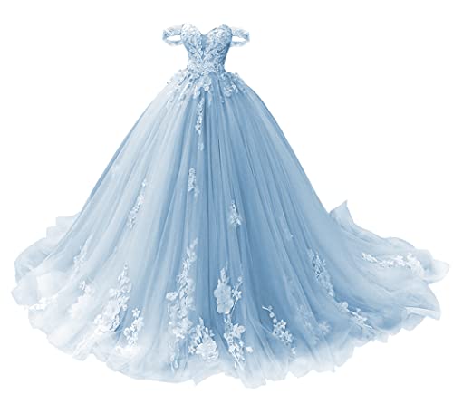 TANPAUL Abendkleid Lang Schulterfrei Spitze Quinceanera Ballkleid Prinzessin Tüll Herzausschnitt Festkleider Partykleider Blau 34 von TANPAUL