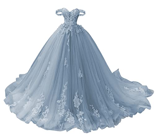 TANPAUL Abendkleid Lang Schulterfrei Spitze Quinceanera Ballkleid Prinzessin Tüll Herzausschnitt Festkleider Partykleider Blau Grau 34 von TANPAUL