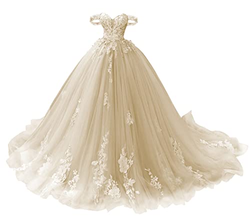 TANPAUL Abendkleid Lang Schulterfrei Spitze Quinceanera Ballkleid Prinzessin Tüll Herzausschnitt Festkleider Partykleider Champagner 34 von Tanpaul