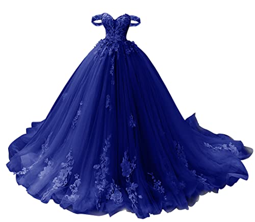 TANPAUL Abendkleid Lang Schulterfrei Spitze Quinceanera Ballkleid Prinzessin Tüll Herzausschnitt Festkleider Partykleider Königsblau 34 von TANPAUL