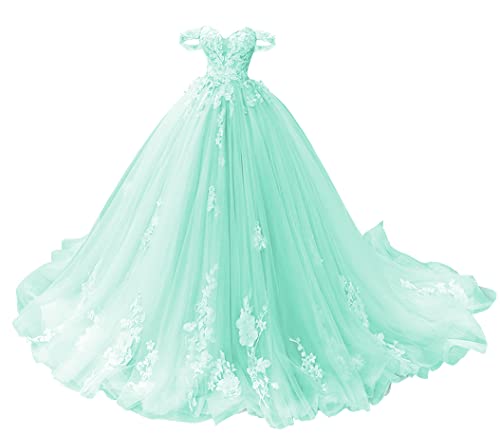 TANPAUL Abendkleid Lang Schulterfrei Spitze Quinceanera Ballkleid Prinzessin Tüll Herzausschnitt Festkleider Partykleider Minze 42 von TANPAUL