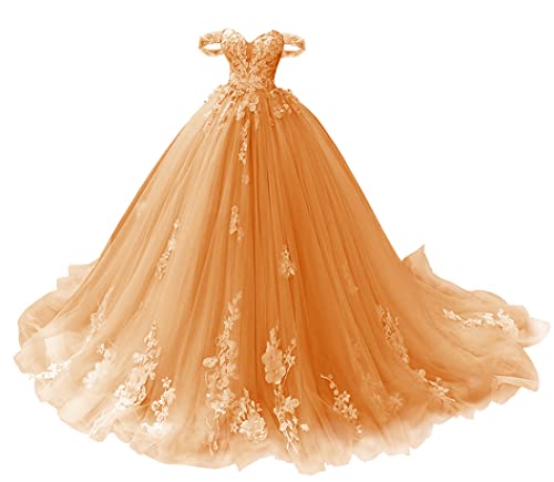 TANPAUL Abendkleid Lang Schulterfrei Spitze Quinceanera Ballkleid Prinzessin Tüll Herzausschnitt Festkleider Partykleider Orange 50 von TANPAUL