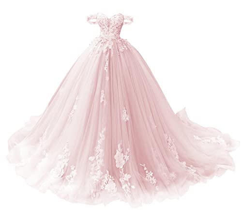 TANPAUL Abendkleid Lang Schulterfrei Spitze Quinceanera Ballkleid Prinzessin Tüll Herzausschnitt Festkleider Partykleider Rosa 32 von TANPAUL