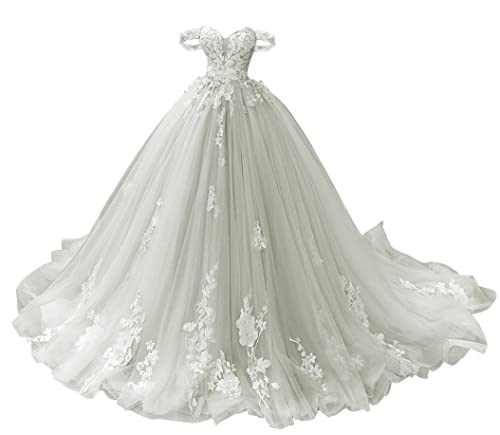 TANPAUL Abendkleid Lang Schulterfrei Spitze Quinceanera Ballkleid Prinzessin Tüll Herzausschnitt Festkleider Partykleider Silber-grau 40 von TANPAUL