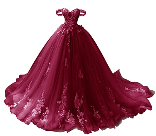 TANPAUL Abendkleid Lang Schulterfrei Spitze Quinceanera Ballkleid Prinzessin Tüll Herzausschnitt Festkleider Partykleider Weinrot 32 von TANPAUL