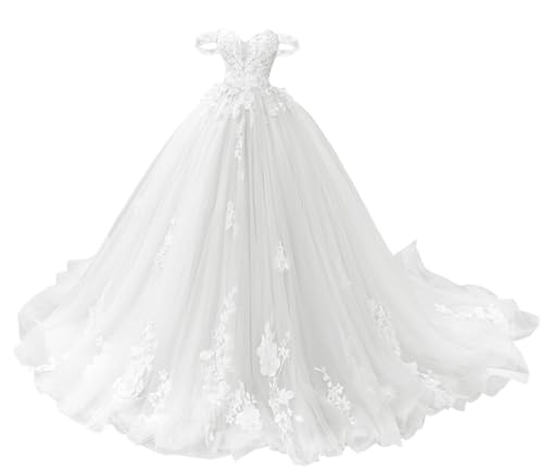 TANPAUL Abendkleid Lang Schulterfrei Spitze Quinceanera Ballkleid Prinzessin Tüll Herzausschnitt Festkleider Partykleider Weiß 38 von TANPAUL