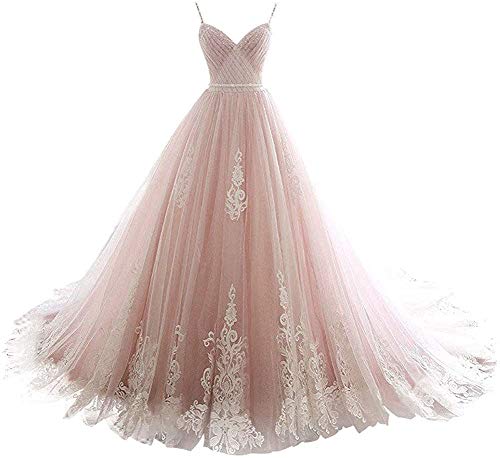 TANPAUL Abendkleid Spaghettiträger Kleid A-Linie Spitze Tüll Damen V-Ausschnitt Ballkleid Brautkleid Prinzessin Tüll Lang Rückenfrei Hochzeit Festkleid Partykleid Hellrosa 46 von TANPAUL