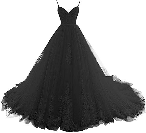 TANPAUL Abendkleid Spaghettiträger Kleid A-Linie Spitze Tüll Damen V-Ausschnitt Ballkleid Brautkleid Prinzessin Tüll Lang Rückenfrei Hochzeit Festkleid Partykleid Schwarz 48 von TANPAUL