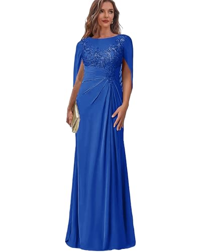 TANPAUL Abendkleid für Brautmutter Lang - Chiffon Spitzen Hochzeitgast Kleider Kurzarm A-Linie Dunkelblau 40 von TANPAUL