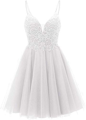TANPAUL Abendkleider Damen Elegant Kurz Tüll Hochzeitskleid A-Linie Promkleid Festkleider V-Ausschnitt Elfenbein 48 von TANPAUL