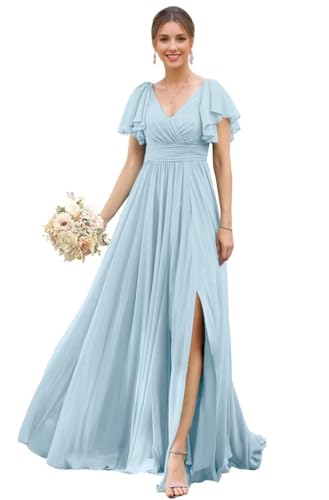 TANPAUL Abendkleider Damen Lang Chiffon - Brautjungfernkleider Elegant A-Linie Hochzeitsgast Kleid Hellblau 48 von TANPAUL