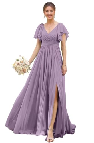TANPAUL Abendkleider Damen Lang Chiffon - Brautjungfernkleider mit Ärmel Abschlusskleid Übergröße Blasslila 54 von TANPAUL