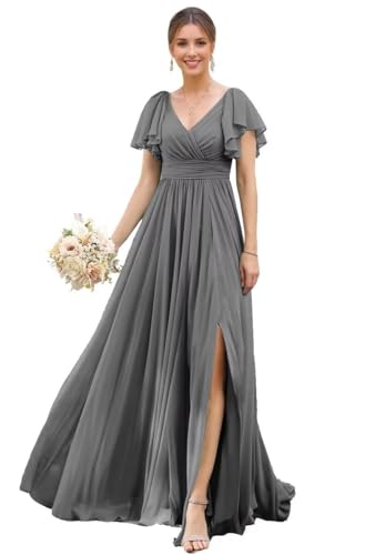 TANPAUL Abendkleider Damen Lang Chiffon - Brautjungfernkleider mit Ärmel Abschlusskleid Übergröße Grau 54 TANPAUL Abendkleider Damen Lang Chiffon - Brautjungfernkleider mit Ärmel Abschlusskleid Übergröße Grau 54 von TANPAUL