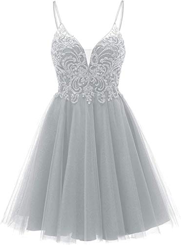 TANPAUL Abendkleider Elegant Kurz Tüll Hochzeitskleid Schlicht A-Linie Promkleid Festkleider V-Ausschnitt Silber 46 von TANPAUL