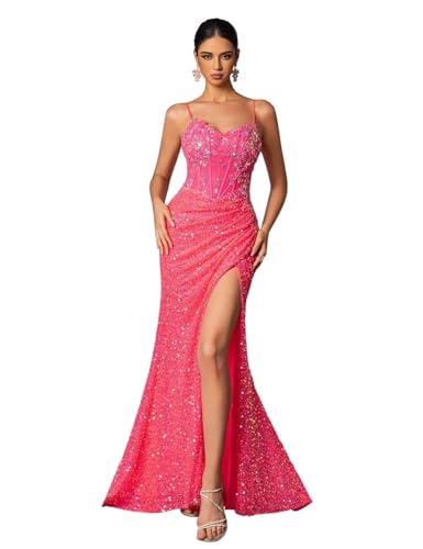 TANPAUL Abendkleider Glitzernde Pailletten Ballkleider Damen Spaghettiträger Lange Meerjungfrau Formelle Partykleider Hot Pink 34 von TANPAUL