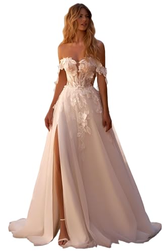 TANPAUL Boho Beach Brautkleider Florale Spitze Schulterfrei Hochzeitskleider Chiffon Standesamt Brautkleid mit Schlitz Weiß-E 36 von TANPAUL