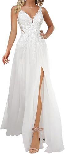 TANPAUL Boho Brautkleider V-Ausschnitt Spitze Hochzeitskleid Chiffon Lang Braut Standesamt Brautkleid Elfenbein 46 von TANPAUL