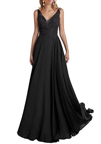 TANPAUL Brautjungfernkleid Chiffon V-Ausschnitt Abendkleid A-Linie Spitzen Elegant Lang Partykleid Ballkleid mit Perlen Schwarz 40 von TANPAUL