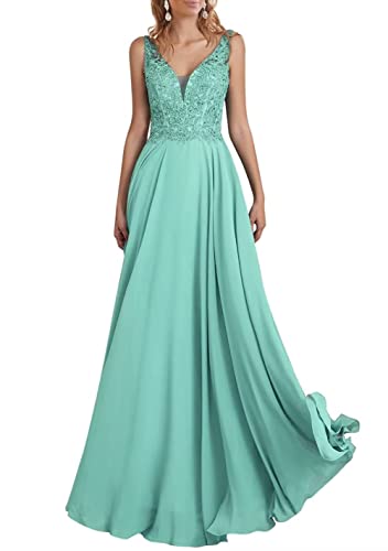 TANPAUL V-Ausschnitt Chiffon Brautjungfernkleid A-Linie Spitzen Abendkleid mit Perlen Aqua 44 von TANPAUL