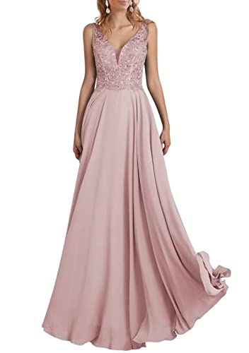 TANPAUL V-Ausschnitt Chiffon Brautjungfernkleid A-Linie Spitzen Abendkleid mit Perlen Dunkelpink 50 von TANPAUL