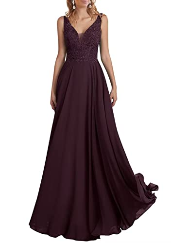 TANPAUL V-Ausschnitt Chiffon Brautjungfernkleid A-Linie Spitzen Abendkleid mit Perlen Dunkelrot 38 von TANPAUL