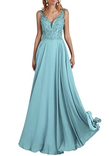 TANPAUL V-Ausschnitt Chiffon Brautjungfernkleid A-Linie Spitzen Abendkleid mit Perlen Hellblau 40 von TANPAUL