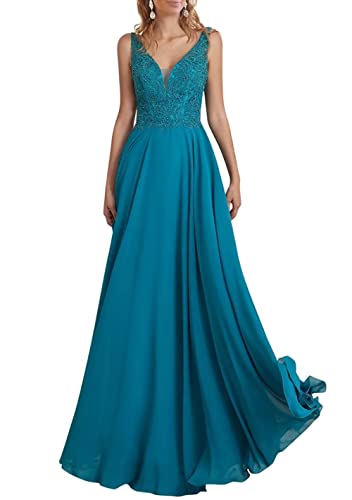 TANPAUL V-Ausschnitt Chiffon Brautjungfernkleid A-Linie Spitzen Abendkleid mit Perlen Meerblau 46 von TANPAUL