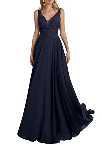 TANPAUL V-Ausschnitt Chiffon Brautjungfernkleid A-Linie Spitzen Abendkleid mit Perlen Navy 36 von TANPAUL