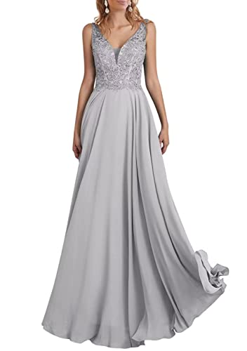 TANPAUL V-Ausschnitt Chiffon Brautjungfernkleid A-Linie Spitzen Abendkleid mit Perlen Silber 36 von TANPAUL