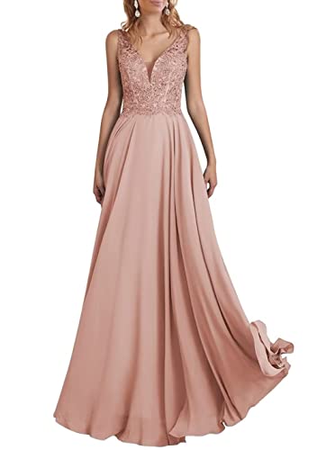 TANPAUL Brautjungfernkleider Chiffon V-Ausschnitt Abendkleid A-Linie Spitzen Elegant Lang Partykleid Ballkleid mit Perlen Altrosa 38 von TANPAUL