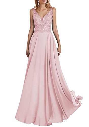 TANPAUL Brautjungfernkleider Chiffon V-Ausschnitt Abendkleid A-Linie Spitzen Elegant Lang Partykleid Ballkleid mit Perlen Pink 38 von TANPAUL