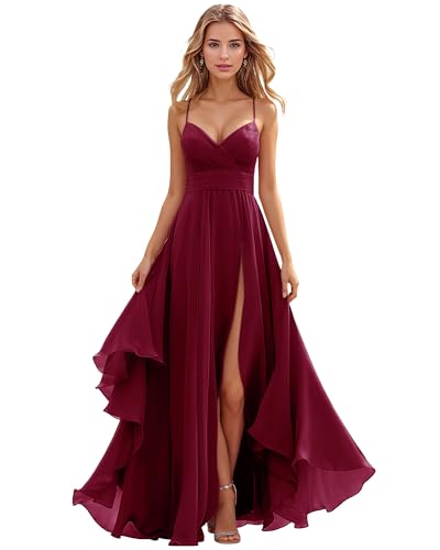 TANPAUL Brautjungfernkleider Spaghetti-Träger Chiffon Kleider für Hochzeitsgäste Damen Lange Abendkleider mit Schlitz von TANPAUL