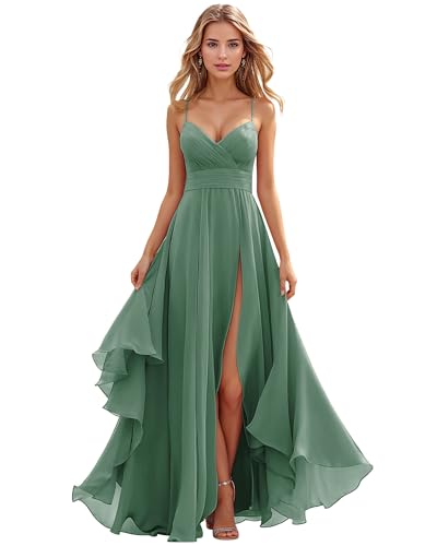 TANPAUL Brautjungfernkleider Spaghetti-Träger Chiffon Kleider für Hochzeitsgäste Damen Lange Abendkleider mit Schlitz von TANPAUL