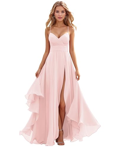 TANPAUL Brautjungfernkleider Spaghetti-Träger Chiffon Kleider für Hochzeitsgäste Damen Lange Abendkleider mit Schlitz von TANPAUL