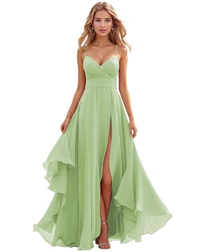 TANPAUL Brautjungfernkleider Spaghetti-Träger Chiffon Kleider für Hochzeitsgäste Damen Lange Abendkleider mit Schlitz von TANPAUL