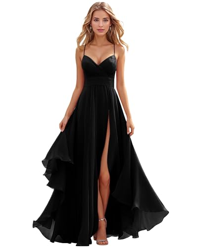 TANPAUL Brautjungfernkleider Spaghetti-Träger Chiffon Kleider für Hochzeitsgäste Damen Lange Abendkleider mit Schlitz von TANPAUL