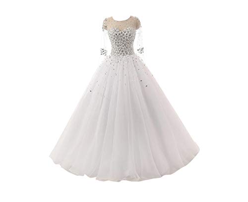 TANPAUL Brautkleid A-Linie Lang Tüll Perlen Glitzer Vintage Hochzeitskleid Langarm Rückenfrei Abendkleid Ballkleid Prinzessin Lang mit Schleppe Elfenbein 46 von TANPAUL