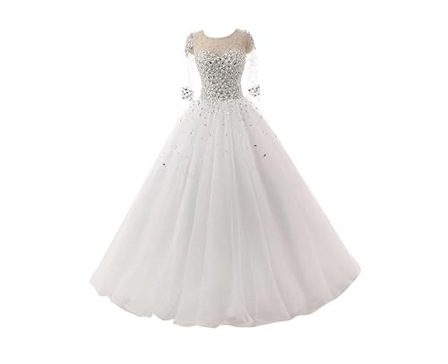 TANPAUL Brautkleid Tüll Perlen Glitzer Hochzeitskleid Langarm Rückenfrei Abendkleid Weiß 36 von TANPAUL