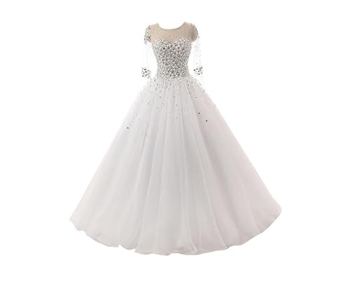 TANPAUL Brautkleid Tüll Perlen Glitzer Hochzeitskleid Langarm Rückenfrei Abendkleid Weiß 38 von TANPAUL