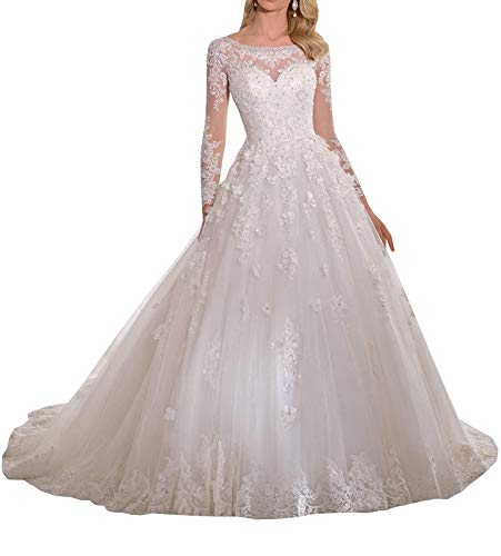 TANPAUL Brautkleider A-Linie Lang Spitze mit Langarm Spitzen Hochzeitskleider Prinzessin Lang mit U-Boot-Ausschnitt Elegant Hochzeit Abendkleid Ballkleid Spitze Lang Elfenbein 50 von TANPAUL