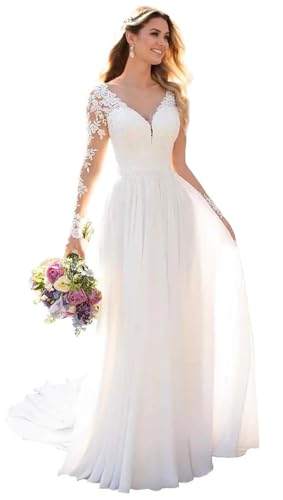 TANPAUL Spitze Brautkleider Langarm Hochzeitskleider 2025 Boho Beach Tüll A-Linie Braut Ballkleider mit Schleppe weiß 36 von TANPAUL