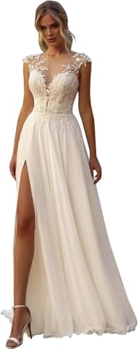TANPAUL Brautkleider Beach Hochzeitskleider für Damen 2025 Boho Lange Spitze Braut Standesamtkleider für Hochzeit Elfenbein 32 von TANPAUL