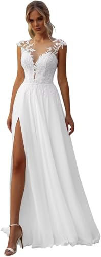 TANPAUL Brautkleider Beach Hochzeitskleider für Damen 2025 Boho Lange Spitze Braut Standesamtkleider für Hochzeit Weiß 36 von TANPAUL
