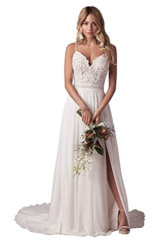 TANPAUL Brautkleider Hochzeitskleider Lang - Chiffon Spaghetti-Träger Standesamtkleider Spitze Prinzessin Brautkleid A-Linie Weiß 36 von TANPAUL