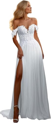 TANPAUL Brautkleider Schulterfrei Spitze Hochzeitskleider Damen Chiffon Standesamt Brautkleid mit Schlitz Weiß 36 von TANPAUL