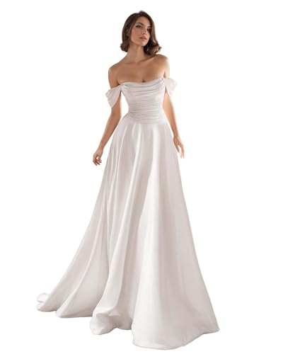 TANPAUL Brautkleider Trägerlose Satin Prinzessin Hochzeitskleider Damen Schätzchen Lang A-Linie Standesamt Brautkleid Weiß 44 von TANPAUL