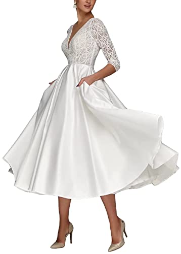 TANPAUL Brautkleider V-Ausschnitt Spitzen Hochzeitskleid Satin Rückenfrei Abendkleider Weiß 52 von TANPAUL
